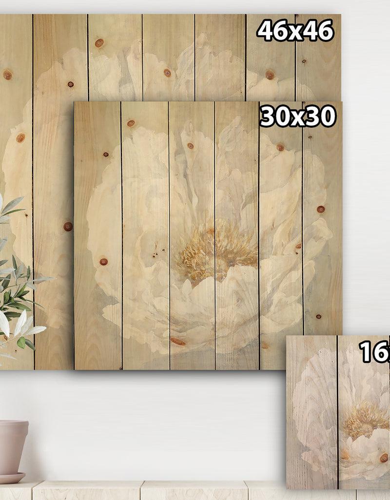 DesignQ White Serene Peony - Cottage Print On Natural Pine Wood
