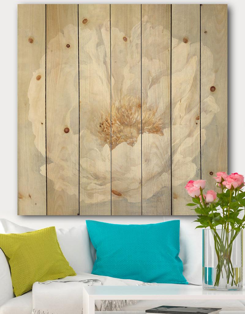 DesignQ White Serene Peony - Cottage Print on Natural Pine Wood