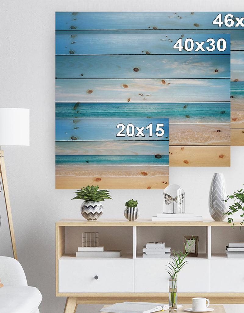DesignQ Wide Blue Sky Over Beach - Seashore Photo Print On Natural Pine Wood