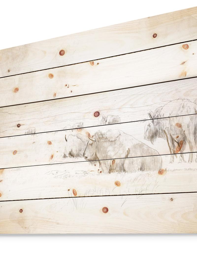 DesignQ Wild Bison Buffalo Sketch - Farmhouse Animal Painting Print On Natural Pine Wood