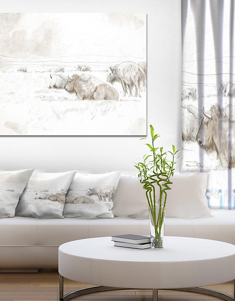 DesignQ Wild Bison Buffalo Sketch - Farmhouse Animal Painting Print on Wrapped Canvas