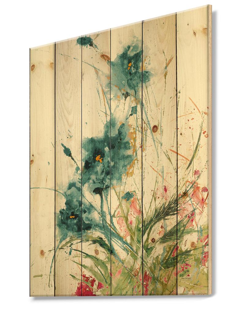 DesignQ Wild Blue Abstract Farmhouse Flowers - Modern Farmhouse Print On Natural Pine Wood