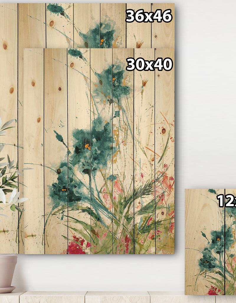 DesignQ Wild Blue Abstract Farmhouse Flowers - Modern Farmhouse Print On Natural Pine Wood