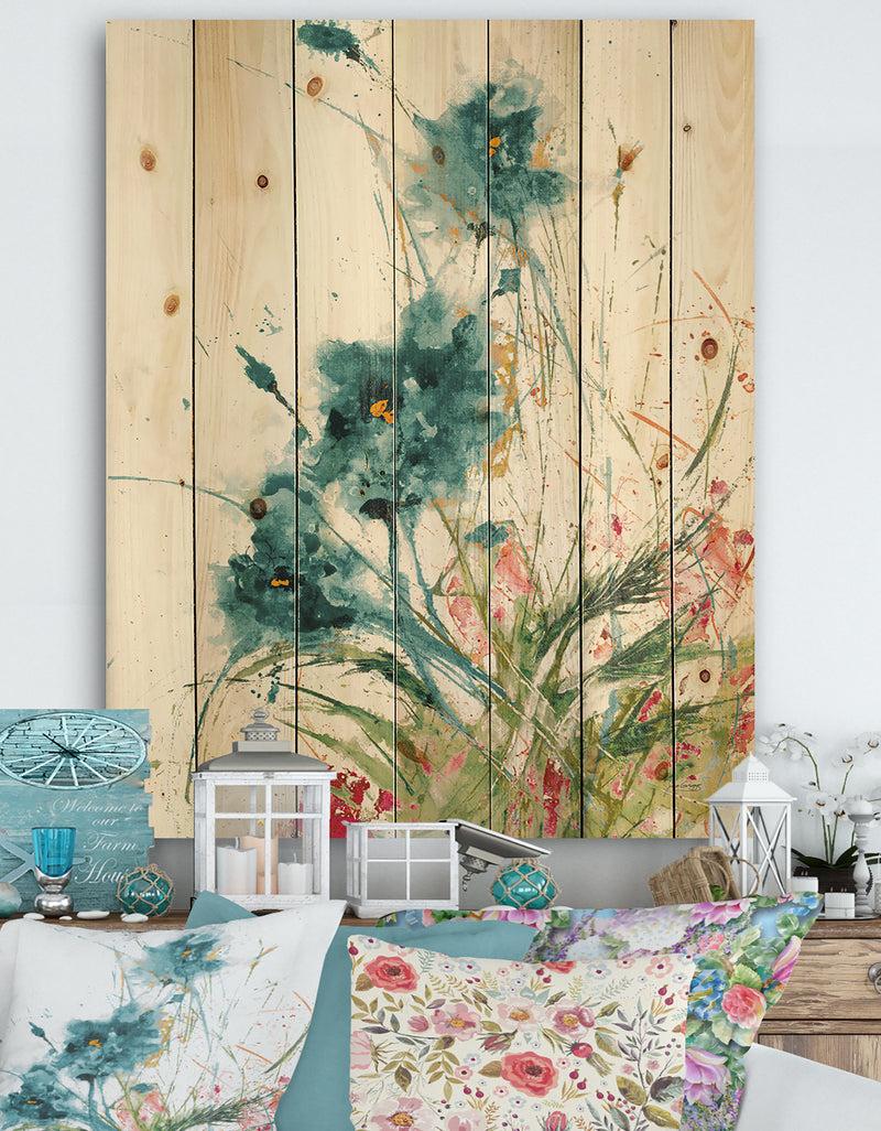 DesignQ Wild Blue Abstract Farmhouse Flowers - Modern Farmhouse Print on Natural Pine Wood