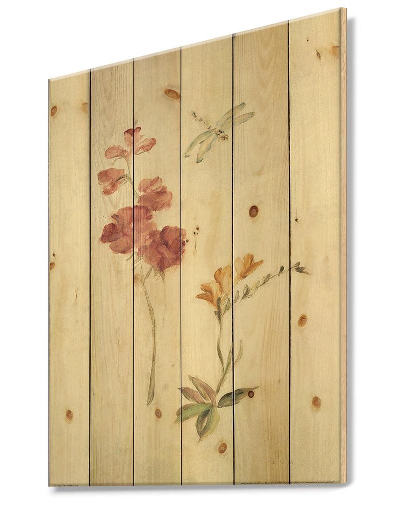 DesignQ Wild Simple Wallflowers II - Farmhouse Print On Natural Pine Wood