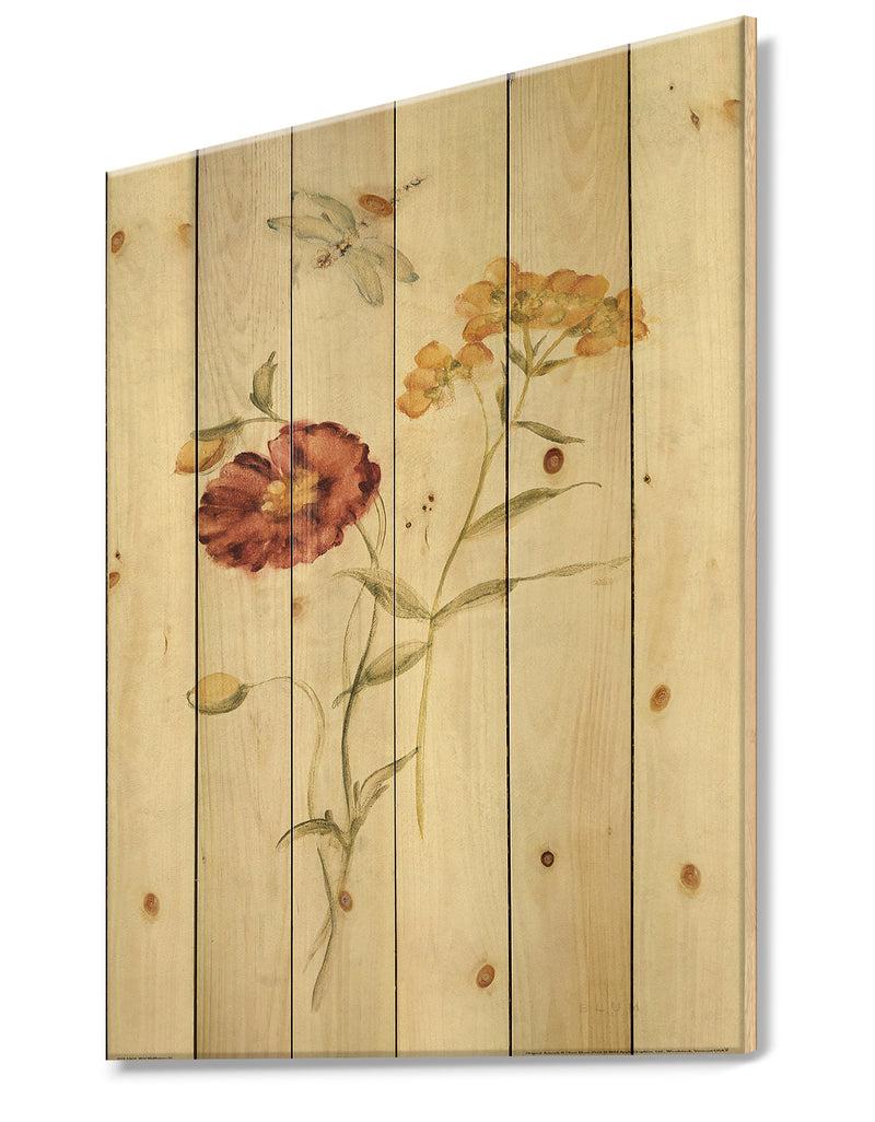 DesignQ Wild Simple Wallflowers III - Farmhouse Print On Natural Pine Wood