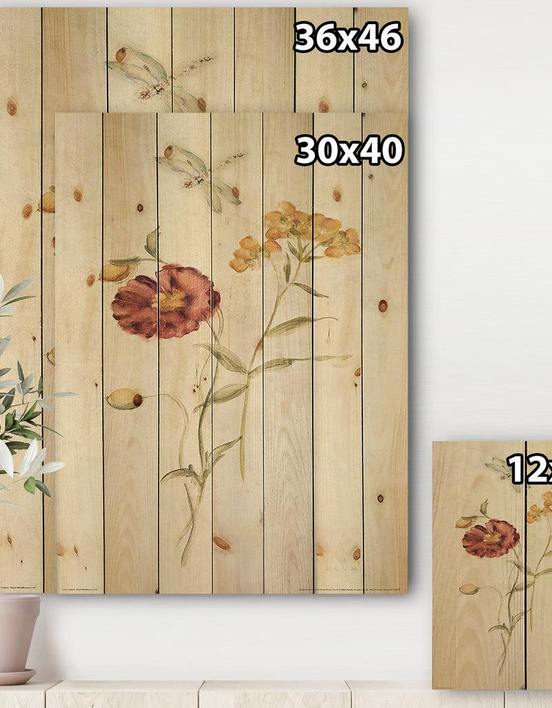 DesignQ Wild Simple Wallflowers III - Farmhouse Print On Natural Pine Wood