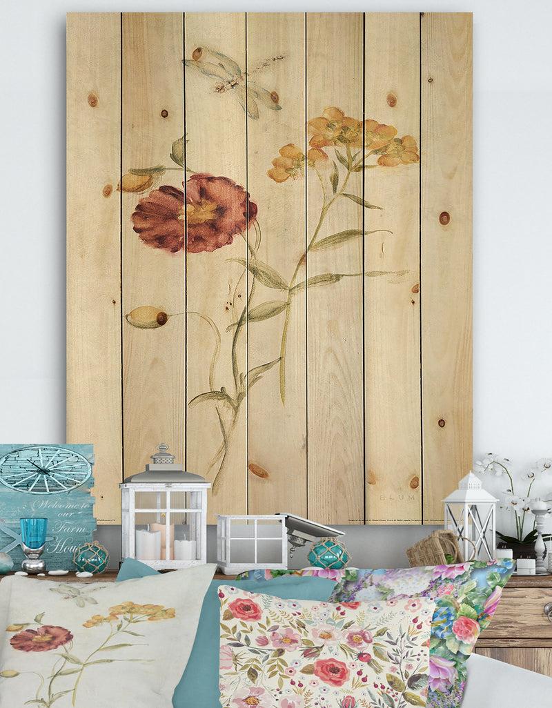 DesignQ Wild Simple Wallflowers III - Farmhouse Print on Natural Pine Wood