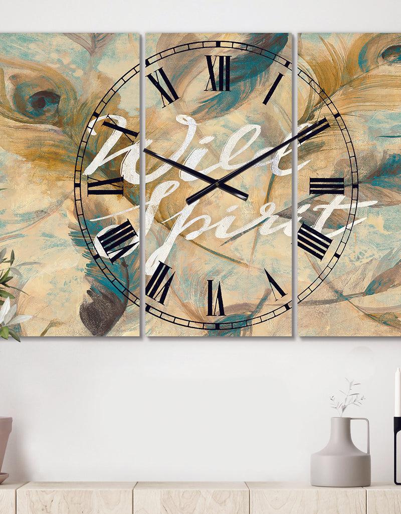 DesignQ Wild Spirit Blue And Cream Cottage Feathers - Cottage 3 Panels Oversized Wall CLock