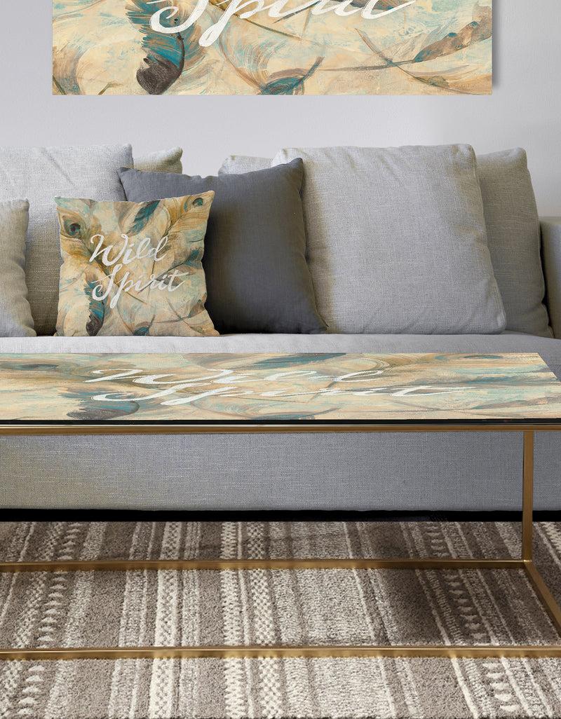 DesignQ Wild Spirit Blue And Cream Cottage Feathers - Metal Traditional Coffee Table