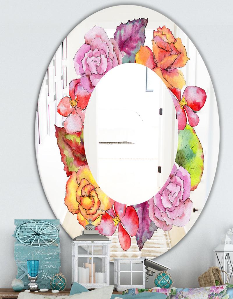 DesignQ Wildflower In A Watercolor Style. - Farmhouse Mirror - Oval Or Round Vanity Mirror