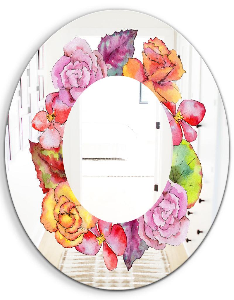 DesignQ Wildflower In A Watercolor Style. - Farmhouse Mirror - Oval Or Round Vanity Mirror