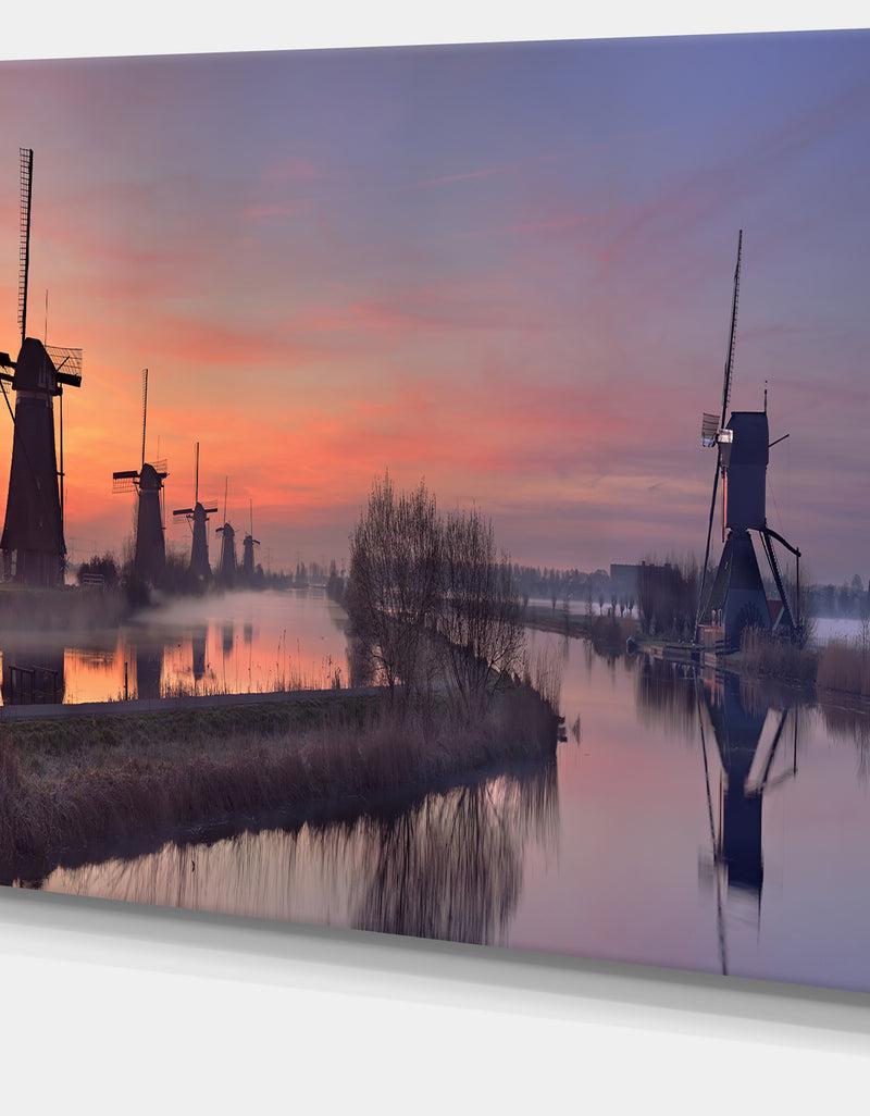 DesignQ Windmills At Sunrise Panorama - Landscape Wall Art On Canvas