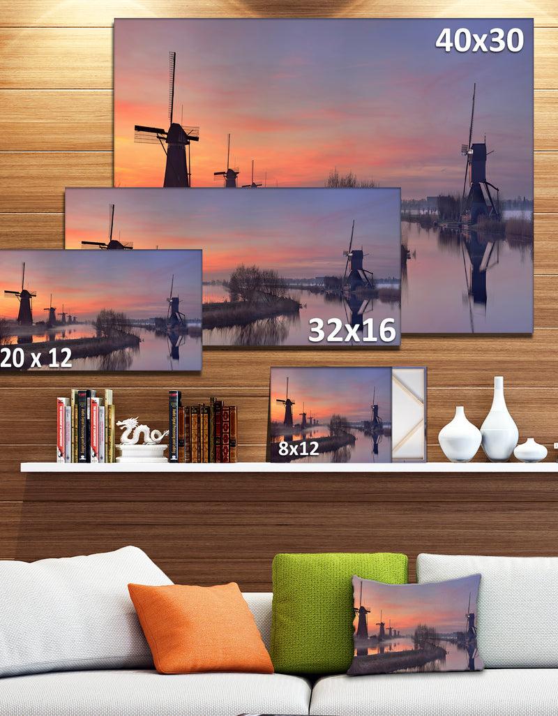 DesignQ Windmills At Sunrise Panorama - Landscape Wall Art On Canvas
