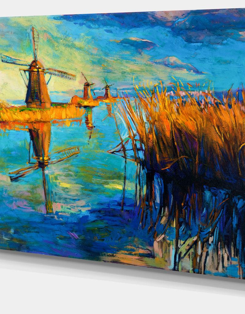 DesignQ Windmills With Sky And Water - Landscape Canvas Print
