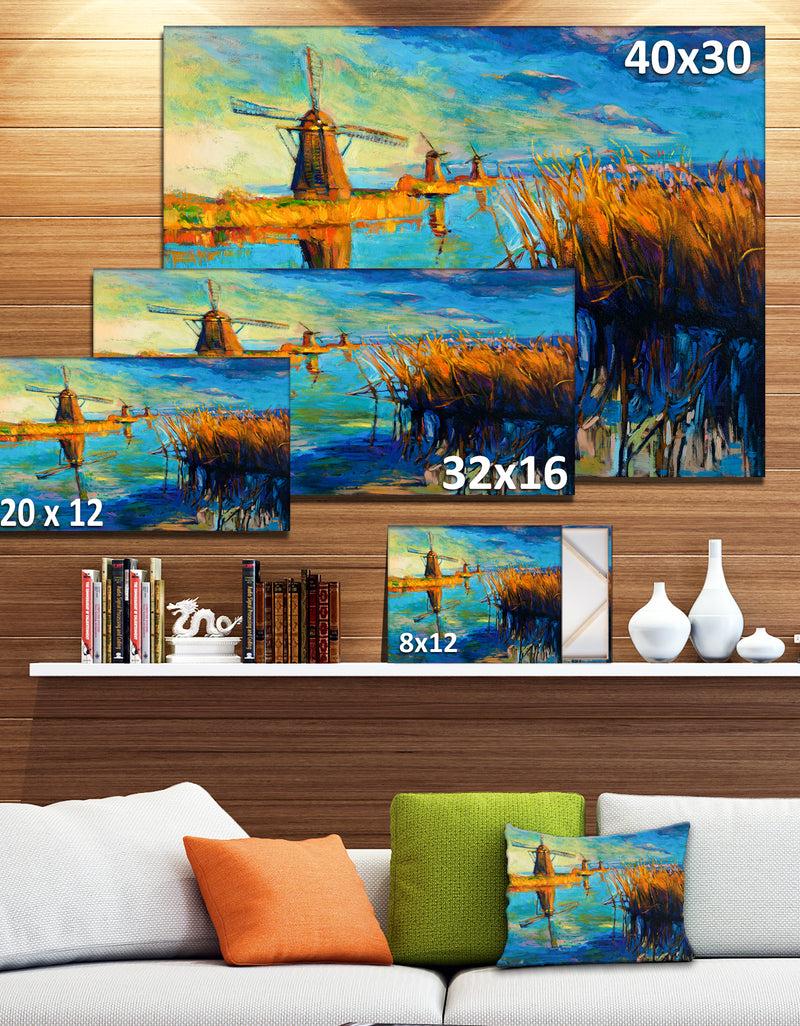 DesignQ Windmills With Sky And Water - Landscape Canvas Print