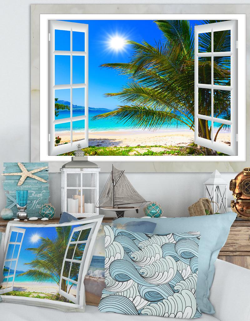 DesignQ Window Open To Beach With Palm - Extra Large Seashore Canvas Art