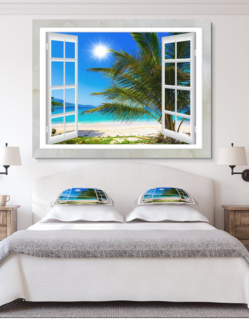 DesignQ Window Open to Beach with Palm - Extra Large Seashore Canvas Art
