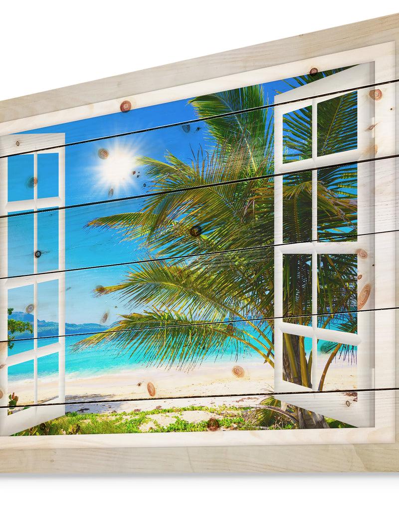 DesignQ Window Open To Beach With Palm - Seashore Print On Natural Pine Wood