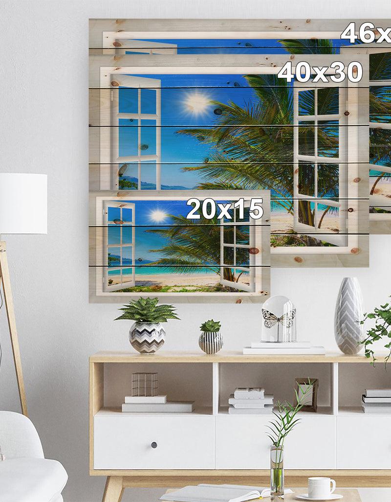 DesignQ Window Open To Beach With Palm - Seashore Print On Natural Pine Wood