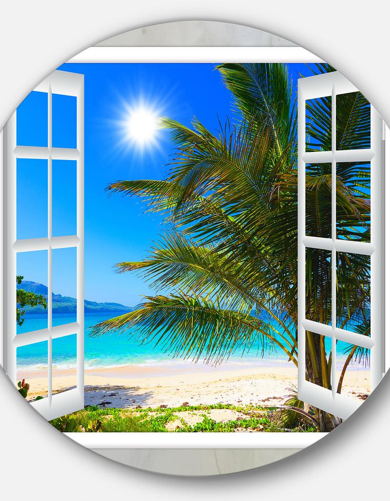 DesignQ Window Open To Beach With Palm - Seashore Round Wall Art