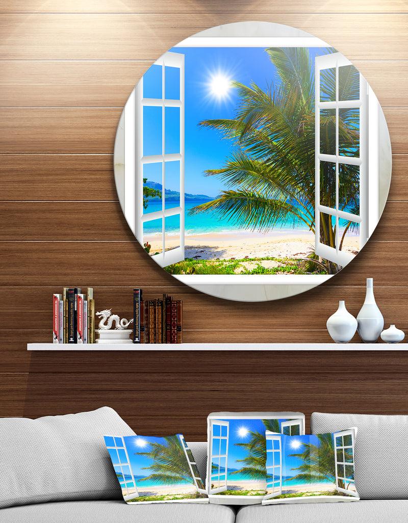 DesignQ Window Open to Beach with Palm - Seashore Round Wall Art