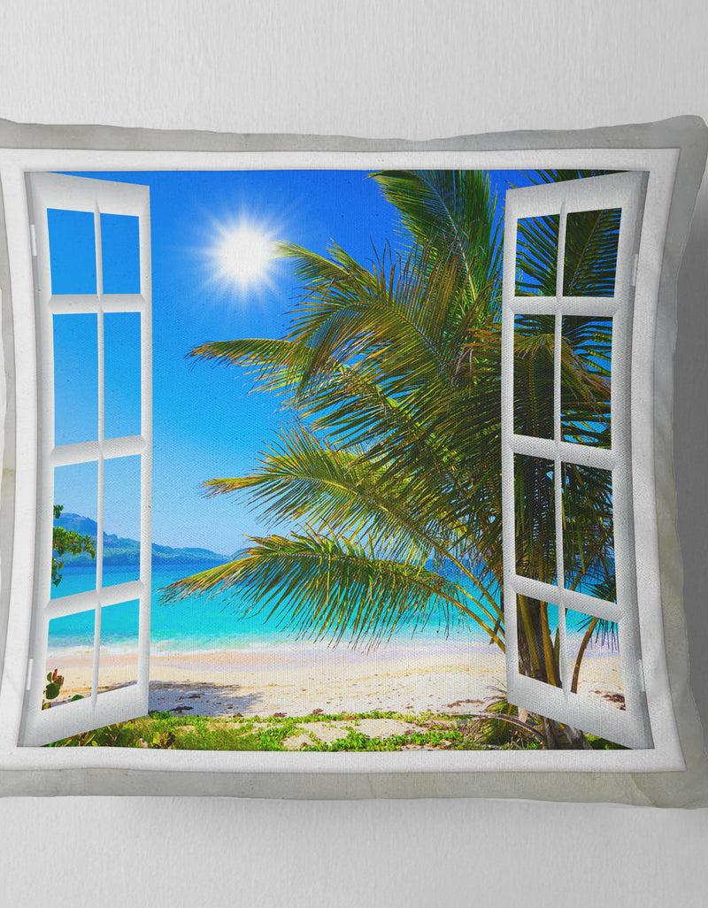 DesignQ Window Open To Beach With Palm - Seashore Throw Pillow