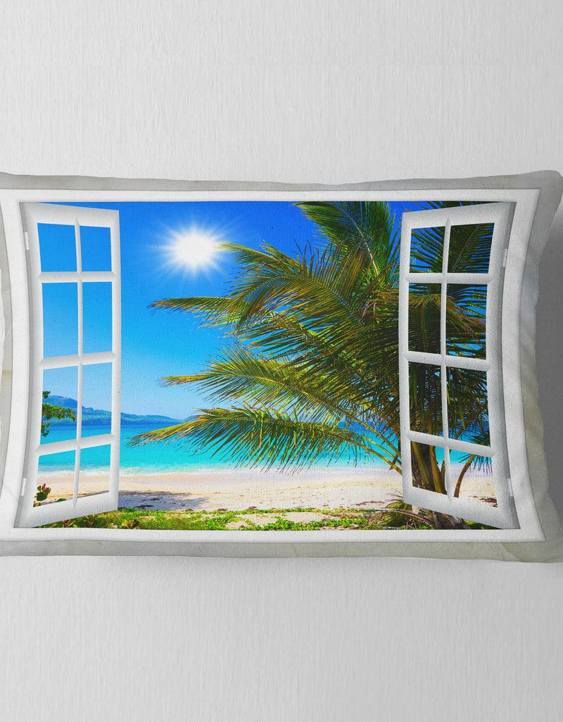 DesignQ Window Open To Beach With Palm - Seashore Throw Pillow