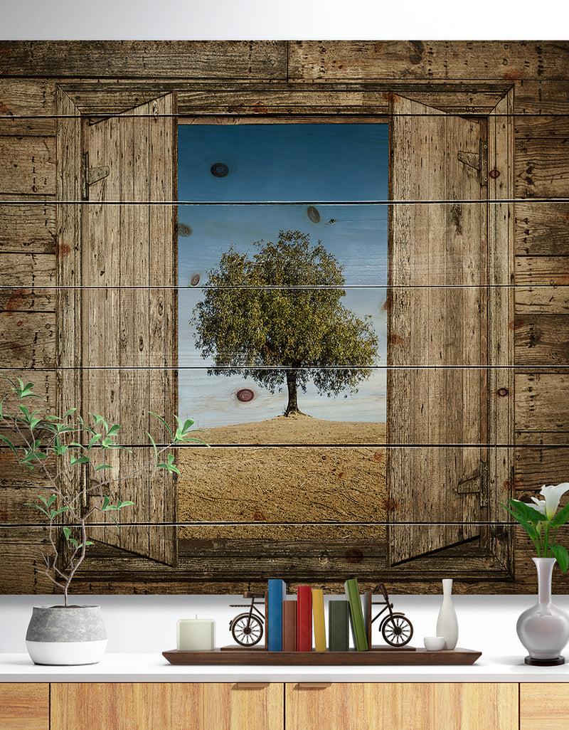 DesignQ Window Open To Solitary Tree - Farmhouse Print on Natural Pine Wood