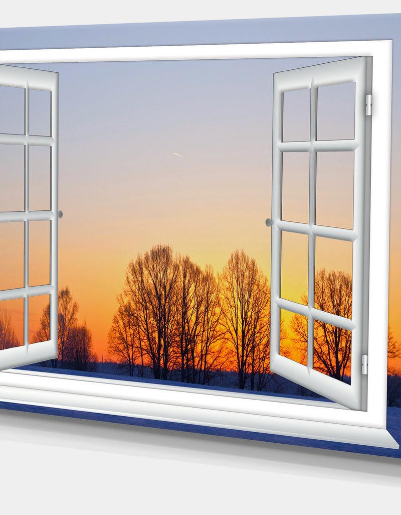DesignQ Window To Sunset Over The Snow - Oversized Landscape Wall Art Print
