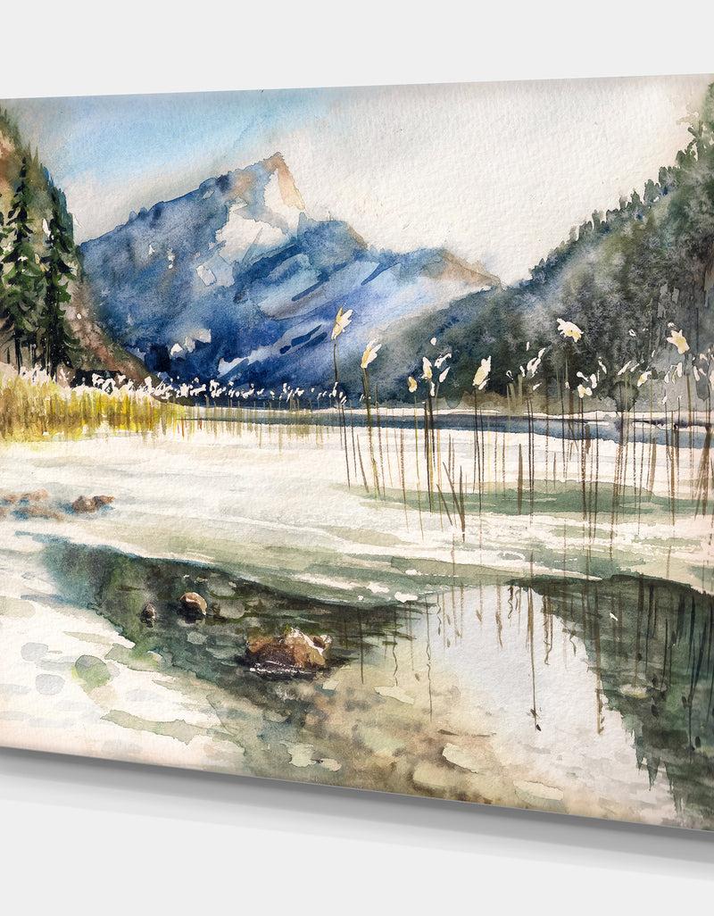 DesignQ Winter Lake And Mountans Reflecting In Water - Landscapes Painting Print On Wrapped Canvas