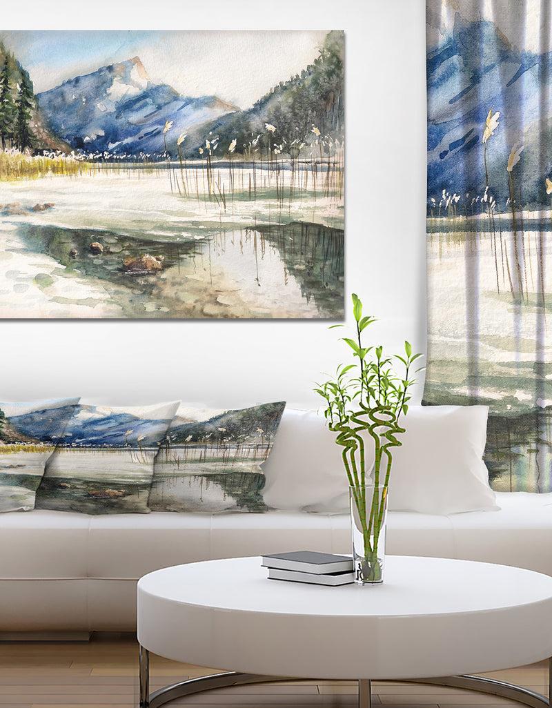 DesignQ Winter Lake and Mountans Reflecting in Water - Landscapes Painting Print on Wrapped Canvas