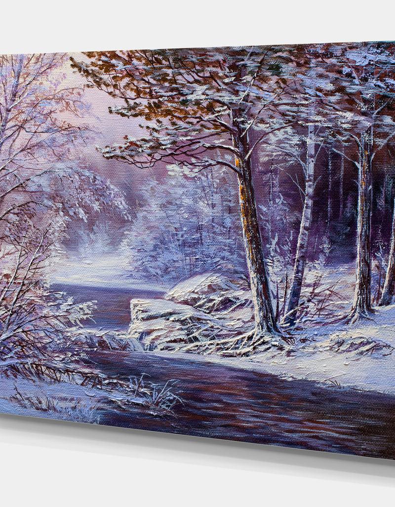 DesignQ Winter Landscape Forest In River - Landscapes Painting Print On Wrapped Canvas