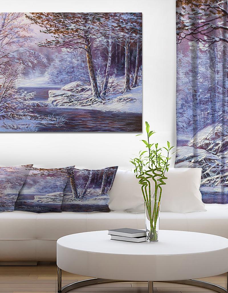 DesignQ Winter Landscape Forest in River - Landscapes Painting Print on Wrapped Canvas