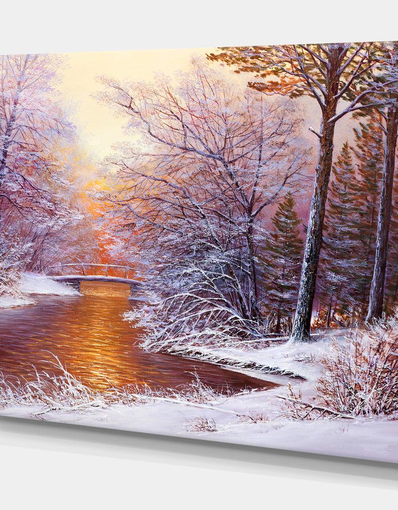 DesignQ Winter Landscape With River - Landscapes Painting Print On Wrapped Canvas