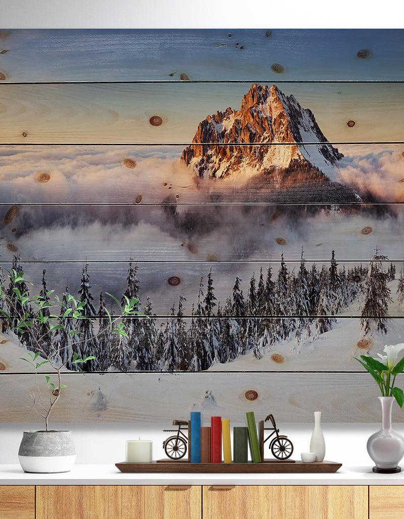 DesignQ Winter Mountain Landscape - Photography Print on Natural Pine Wood