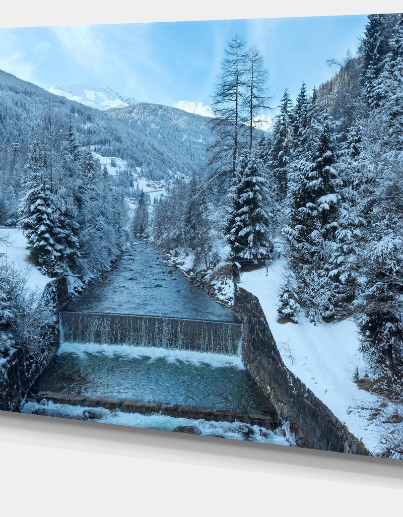 DesignQ Winter Mountain Stream - Landscape Photo Canvas Print