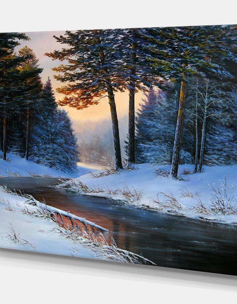 DesignQ Winter River And Forest - Landscapes Painting Print On Wrapped Canvas
