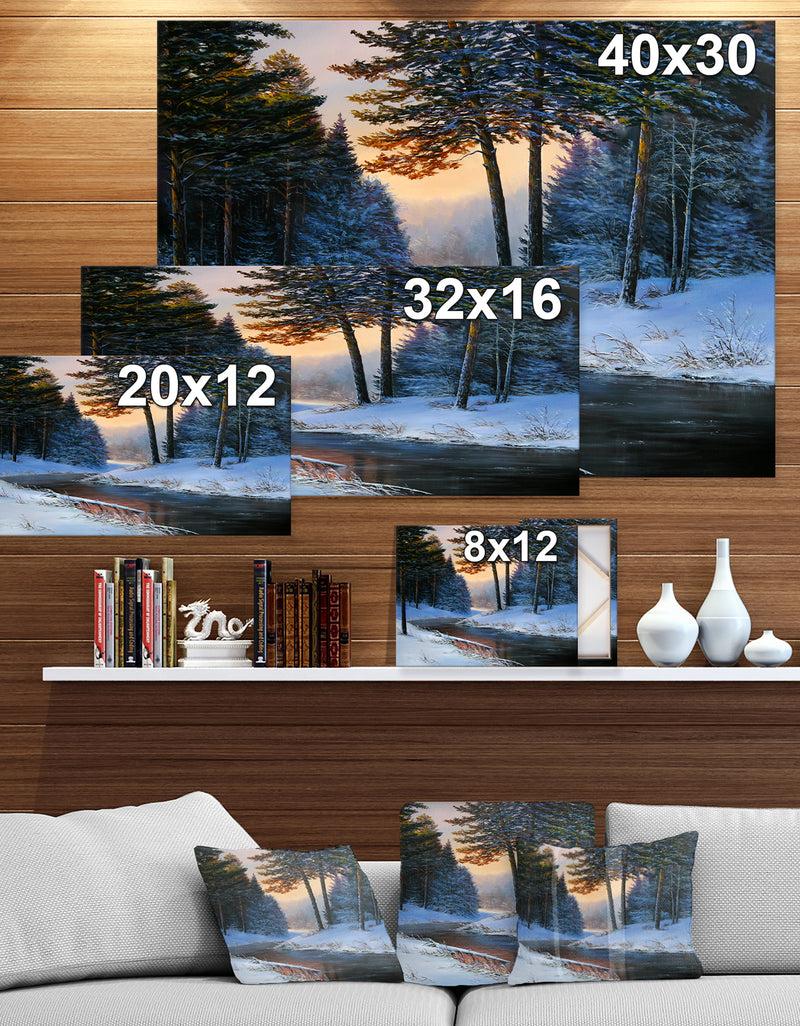 DesignQ Winter River And Forest - Landscapes Painting Print On Wrapped Canvas