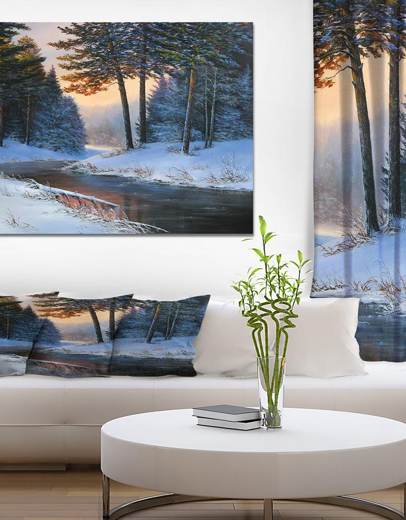DesignQ Winter River and Forest - Landscapes Painting Print on Wrapped Canvas