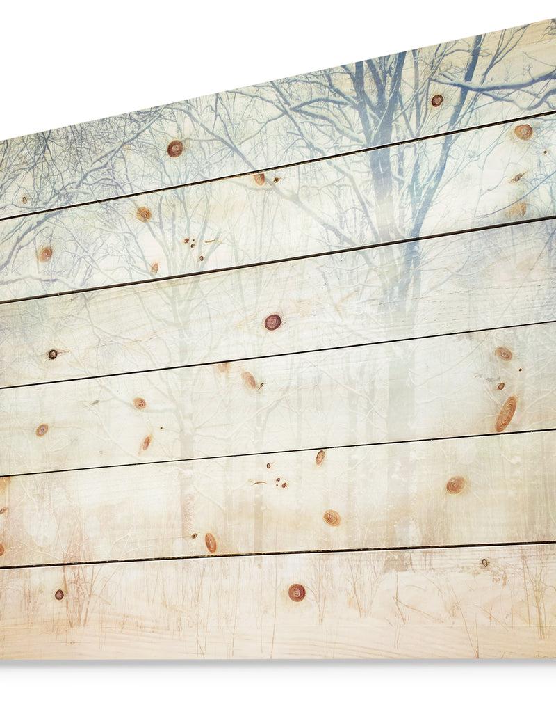 DesignQ Winter With Foggy Forest - Landscape Print On Natural Pine Wood