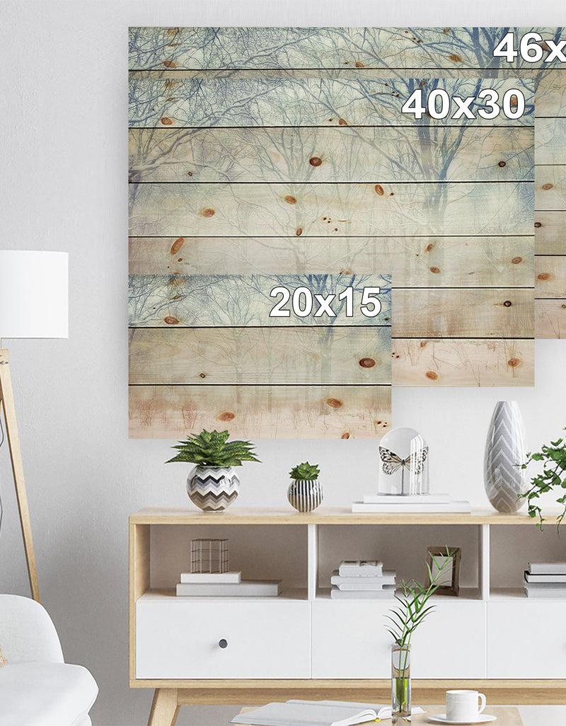 DesignQ Winter With Foggy Forest - Landscape Print On Natural Pine Wood