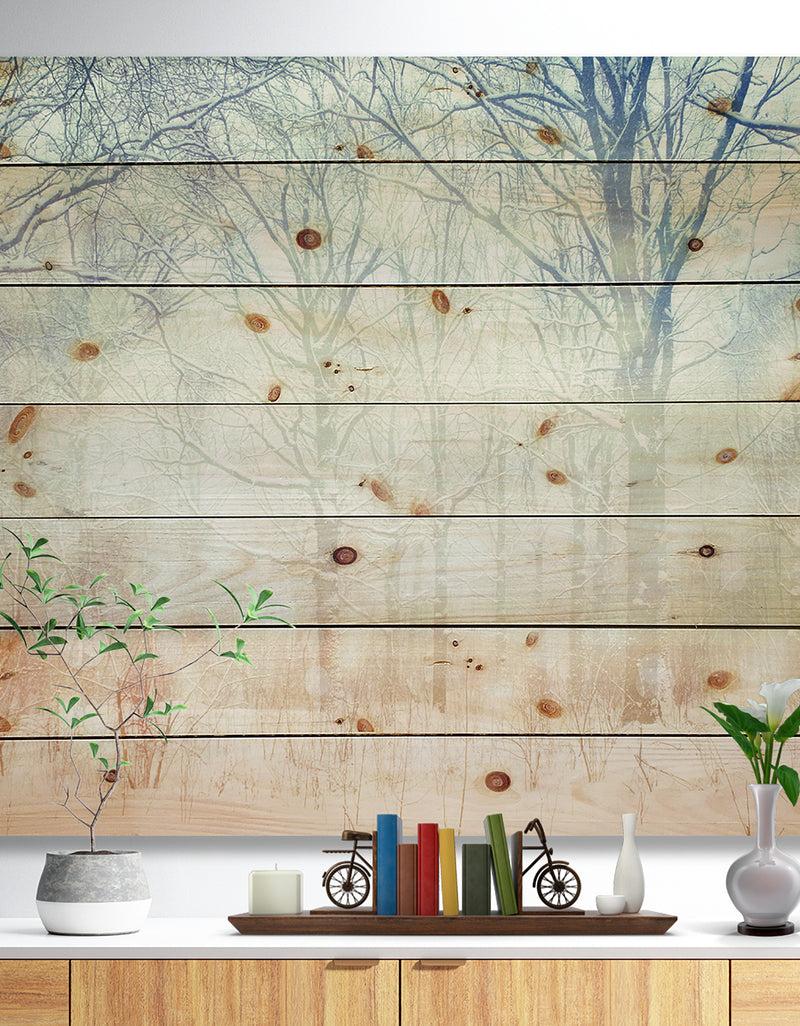 DesignQ Winter with Foggy Forest - Landscape Print on Natural Pine Wood
