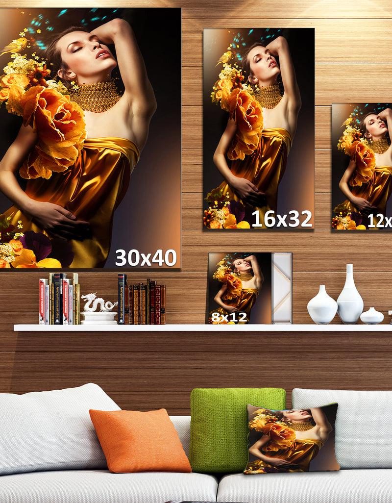 DesignQ Woman In Yellow Dress - Digital Art Portrait Canvas Print