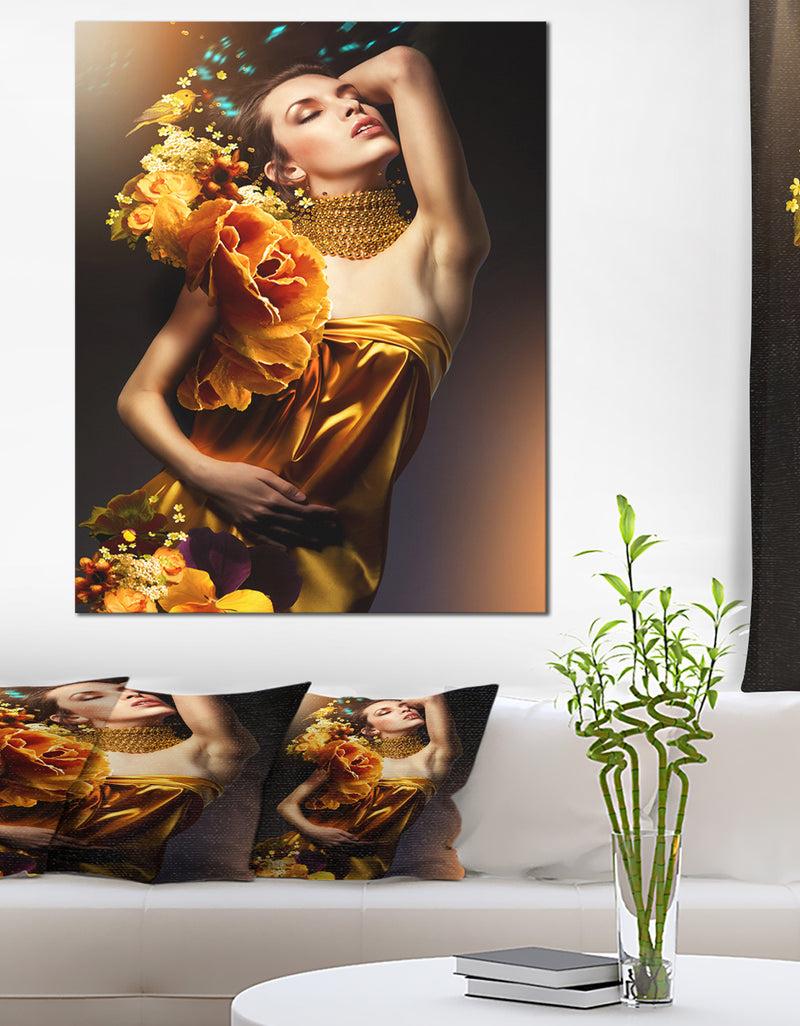 DesignQ Woman in Yellow Dress - Digital Art Portrait Canvas Print