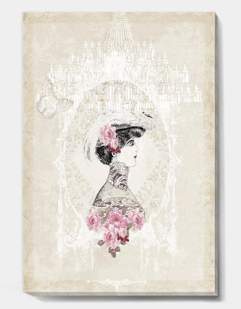 DesignQ Woman On Pink Roses With White Chandelier - Cottage Premium Canvas Wall Art