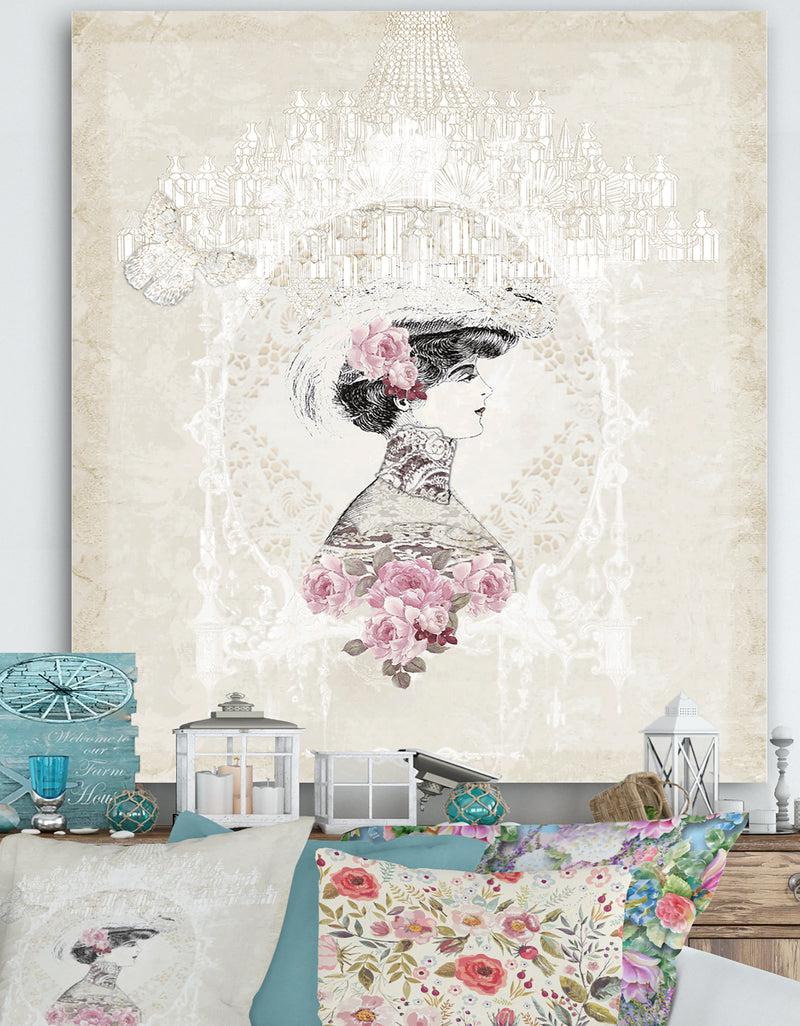 DesignQ Woman on Pink Roses With White Chandelier - Cottage Premium Canvas Wall Art