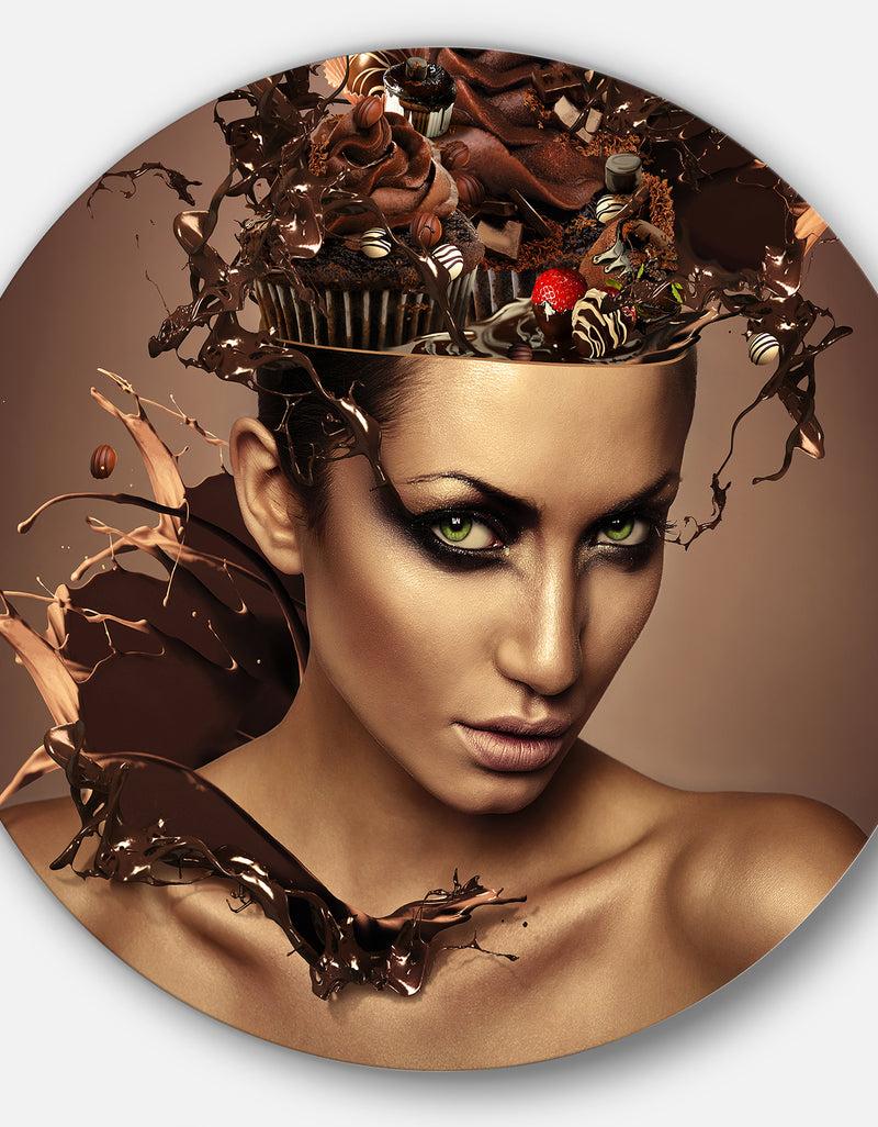DesignQ Woman With Chocolate In Head - Portrait Round Metal Wall Art