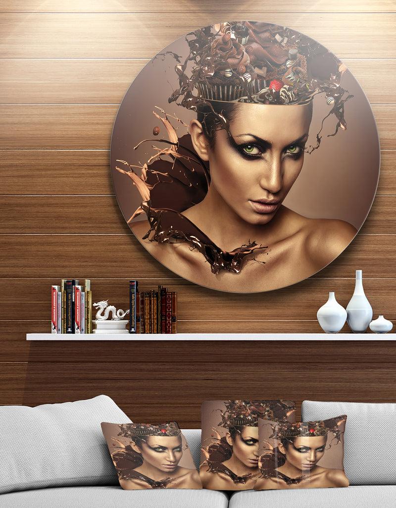 DesignQ Woman with Chocolate in Head - Portrait Round Metal Wall Art