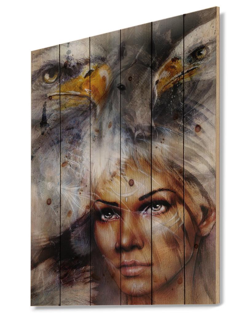 DesignQ Woman With Flying Eagles - Portrait Print On Natural Pine Wood